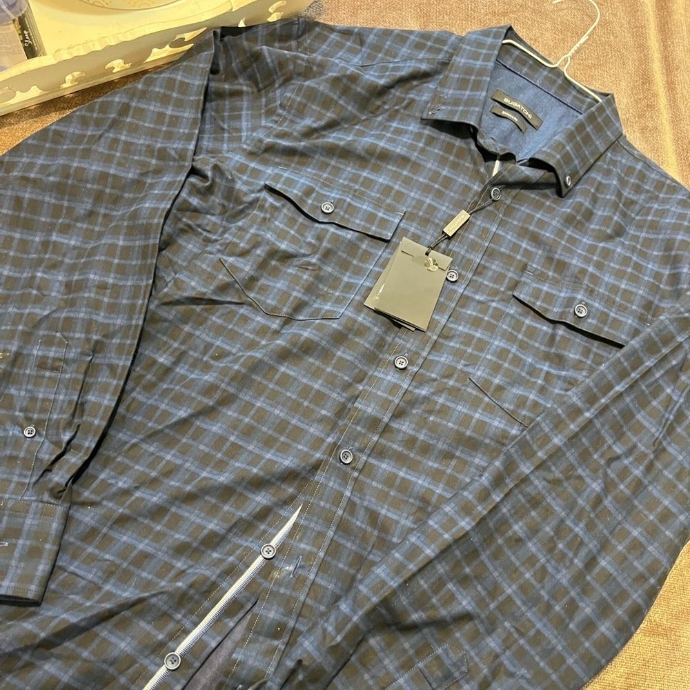NWT Bugatchi Shaped Fit Blue Checkered Pattern Button Down Shirt- Size L…